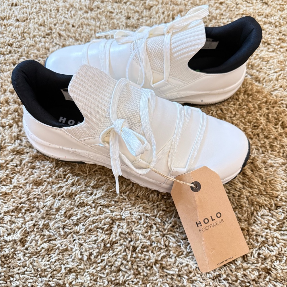 HOLO Footwear Men’s White Low-Top Knit-Trim Sneakers